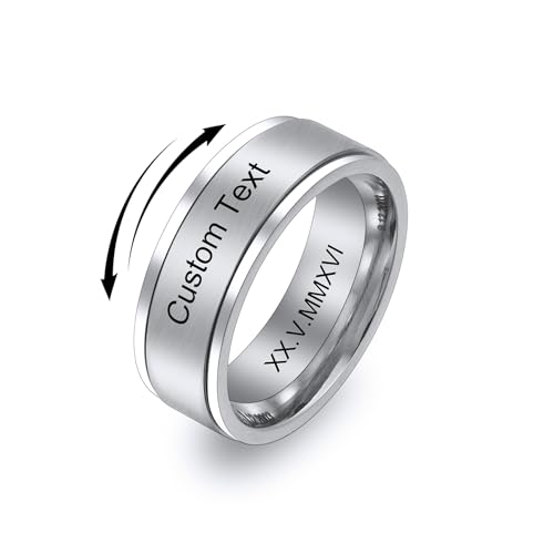MeMeDIY Personalisierte Edelstahl Ringe Ehering mit Eingraviertem Namen Datum und Text Paarringe/Drehbare Ringe für Herren/Verlobungsringe für Verlobte/Freund-Style E-12# von MeMeDIY