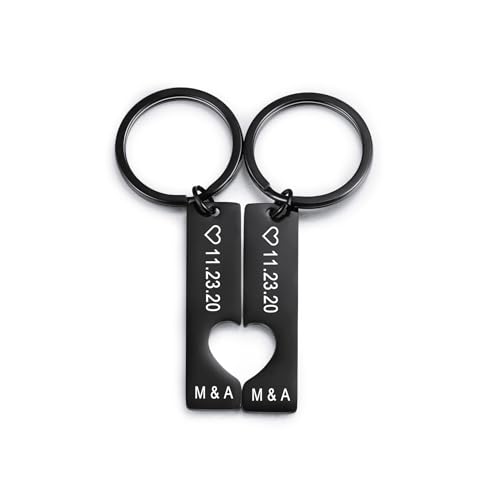 MeMeDIY Personalisierte Edelstahl Schlüsselanhänger 2PCS Set Herz Puzzle mit Datum Runde Tag Gravierte Foto Schneiden Schlüsselanhänger mit Namen Memorial Geschenk für Frauen Paar Freund (B4) von MeMeDIY