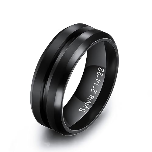 MeMeDIY Personalisierte Edelstahlpaare Ringe Set, Gravierte Namen Versprechen Ringe mit Herz Edelstein, Geschenktüte Enthalten (Männlicher Ring, Stil 1) von MeMeDIY