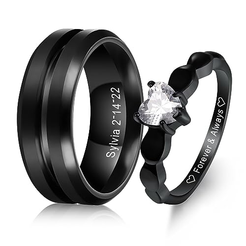 MeMeDIY Personalisierte Edelstahlpaare Ringe Set, Gravierte Namen Versprechen Ringe mit Herz Edelstein, Geschenktüte Enthalten (Ringe Set, Stil 1) von MeMeDIY