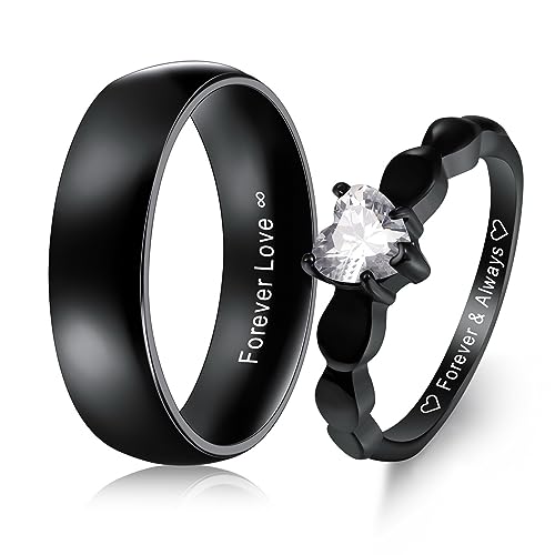 MeMeDIY Personalisierte Edelstahlpaare Ringe Set, Gravierte Namen Versprechen Ringe mit Herz Edelstein, Geschenktüte Enthalten (Ringe Set, Stil 3) von MeMeDIY