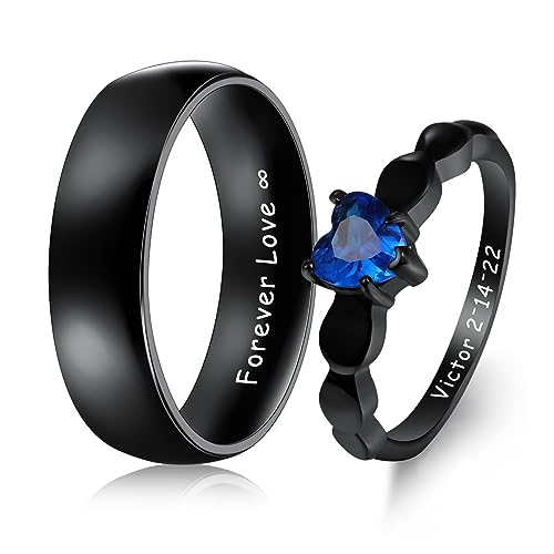 MeMeDIY Personalisierte Edelstahlpaare Ringe Set, Gravierte Namen Versprechen Ringe mit Herz Edelstein, Geschenktüte Enthalten (Ringe Set, Stil 4) von MeMeDIY