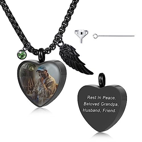 MeMeDIY Personalisierte Engelsflügel Anhänger Urne Halskette Gravur Foto/Name für Männer Frauen mit Geburtsstein Edelstahl Asche Halter Memorial Andenken Einäscherung Trichter Kit (Schwarz Farbe) von MeMeDIY