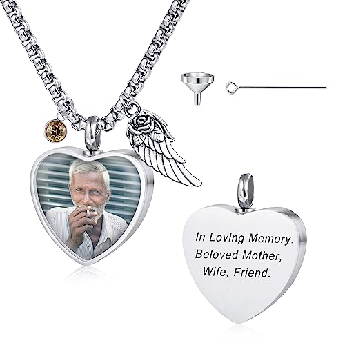 MeMeDIY Personalisierte Engelsflügel Anhänger Urne Halskette Gravur Foto/Name für Männer Frauen mit Geburtsstein Edelstahl Asche Halter Memorial Andenken Einäscherung Trichter Kit (Silber Farbe) von MeMeDIY