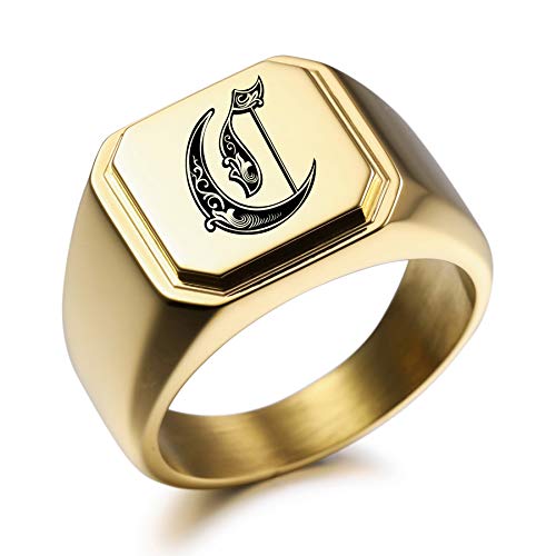MeMeDIY Personalisierte Gravur Monogramm-Buchstaben-Signet-Ring für Männer Frauen Mädchen Jungen Edelstahl-Hochzeitsringen Benutzerdefiniert Schmuck Bündel mit Ringgrößeneinstellern (Gold) von MeMeDIY