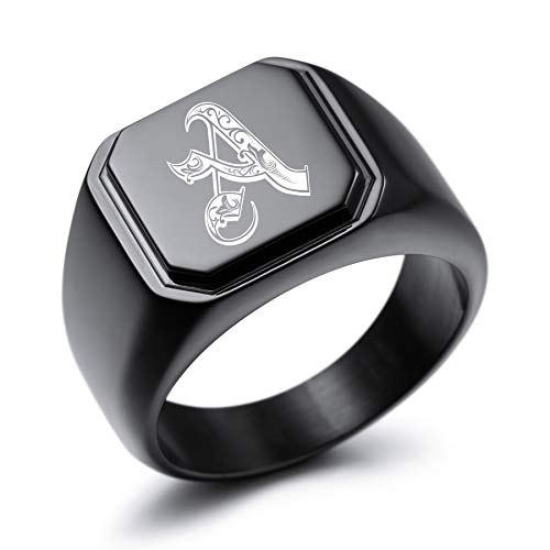 MeMeDIY Personalisierte Gravur Monogramm-Buchstaben-Signet-Ring für Männer Frauen Mädchen Jungen Edelstahl-Hochzeitsringen Benutzerdefiniert Schmuck Bündel mit Ringgrößeneinstellern (Schwarz) von MeMeDIY