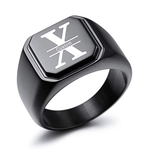 MeMeDIY Personalisierte Gravur Monogramm-Buchstaben-Signet-Ring für Männer Frauen Mädchen Jungen Edelstahl-Hochzeitsringen Benutzerdefiniert Schmuck Bündel mit Ringgrößeneinstellern (Schwarz) von MeMeDIY