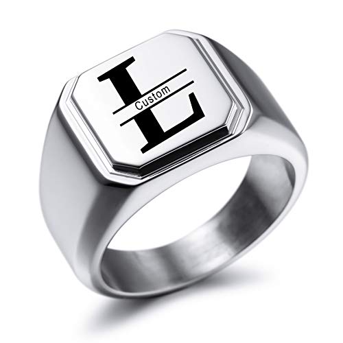 MeMeDIY Personalisierte Gravur Monogramm-Buchstaben-Signet-Ring für Männer Frauen Mädchen Jungen Edelstahl-Hochzeitsringen Benutzerdefiniert Schmuck Bündel mit Ringgrößeneinstellern (Silber) von MeMeDIY