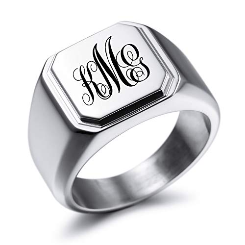 MeMeDIY Personalisierte Gravur Monogramm-Buchstaben-Signet-Ring für Männer Frauen Mädchen Jungen Edelstahl-Hochzeitsringen Benutzerdefiniert Schmuck Bündel mit Ringgrößeneinstellern (Silber) von MeMeDIY