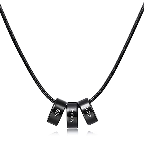 MeMeDIY Personalisierte Halskette Angepasst Gravur Name Datum für Männer Damen Freund Freundin Edelstahl Verstellbare Kette Jubiläum Beziehung Schmuck Geschenk(3 Perlen Schwarz) von MeMeDIY