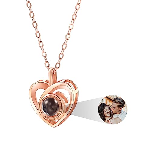 MeMeDIY Personalisierte Halskette Ich Liebe Dich Halskette 101 Sprachen mit Benutzerdefinierten Innenprojektion Bild Anhänger Sterling Silber Schmuck Geschenke für Frauen (Roségold, Farbbild) von MeMeDIY