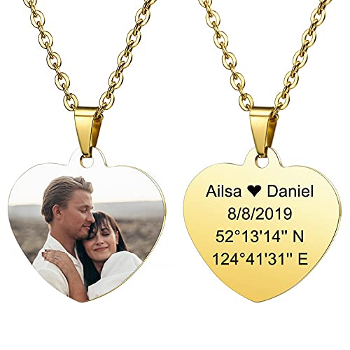 MeMeDIY Personalisierte Herz Anhänger für Männer Frauen Gravur Name/Text/Datum/Farbbild Gravierte Foto Halskette für Paare Brautjungfer Geschenke Bester Freund Edelstahl Liebhaber Schmuck (gold) von MeMeDIY