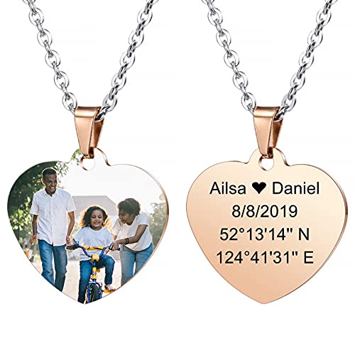 MeMeDIY Personalisierte Herz Anhänger für Männer Frauen Gravur Name/Text/Datum/Farbbild Gravierte Foto Halskette für Paare Brautjungfer Geschenke Bester Freund Edelstahl Liebhaber Schmuck (Roségold) von MeMeDIY