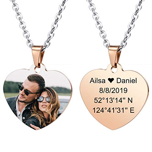 MeMeDIY Personalisierte Herz Anhänger für Männer Frauen Gravur Name/Text/Datum/Farbbild Gravierte Foto Halskette für Paare Brautjungfer Geschenke Bester Freund Edelstahl Liebhaber Schmuck (Roségold) von MeMeDIY