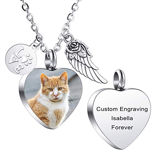 MeMeDIY Personalisierte Herz Pfote Druck Esche Urne Anhänger Halskette graviert Name/Foto für Frauen Männer Edelstahl Memorial Hund Katze Haustier Andenken mit Schlüsselring Trichter Kit Angel Wing von MeMeDIY