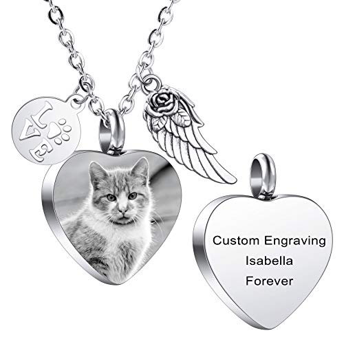 MeMeDIY Personalisierte Herz Pfote Druck Esche Urne Anhänger Halskette graviert Name/Foto für Frauen Männer Edelstahl Memorial Hund Katze Haustier Andenken mit Schlüsselring Trichter Kit Angel Wing von MeMeDIY