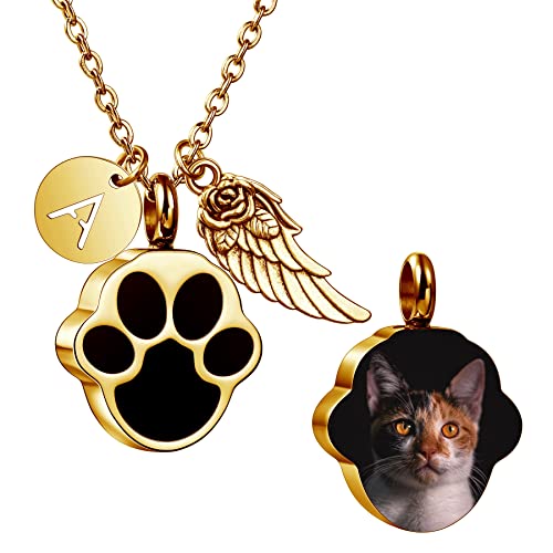 MeMeDIY Personalisierte Herz Pfote Druck Esche Urne Anhänger Halskette graviert Name/Foto für Frauen Männer Edelstahl Memorial Hund Katze Haustier Andenken mit Schlüsselring Trichter Kit Angel Wing von MeMeDIY