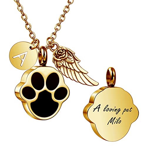 MeMeDIY Personalisierte Herz Pfote Druck Esche Urne Anhänger Halskette graviert Name/Foto für Frauen Männer Edelstahl Memorial Hund Katze Haustier Andenken mit Schlüsselring Trichter Kit Angel Wing von MeMeDIY