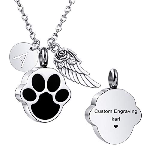 MeMeDIY Personalisierte Herz Pfote Druck Esche Urne Anhänger Halskette graviert Name/Foto für Frauen Männer Edelstahl Memorial Hund Katze Haustier Andenken mit Schlüsselring Trichter Kit Angel Wing von MeMeDIY