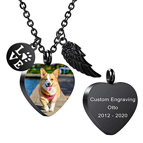 MeMeDIY Personalisierte Herz Pfote Druck Esche Urne Anhänger Halskette graviert Name/Foto für Frauen Männer Edelstahl Memorial Hund Katze Haustier Andenken mit Schlüsselring Trichter Kit Angel Wing von MeMeDIY