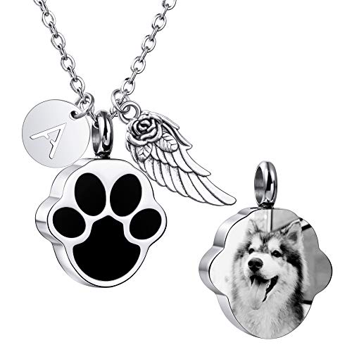 MeMeDIY Personalisierte Herz Pfote Druck Esche Urne Anhänger Halskette graviert Name/Foto für Frauen Männer Edelstahl Memorial Hund Katze Haustier Andenken mit Schlüsselring Trichter Kit Angel Wing von MeMeDIY