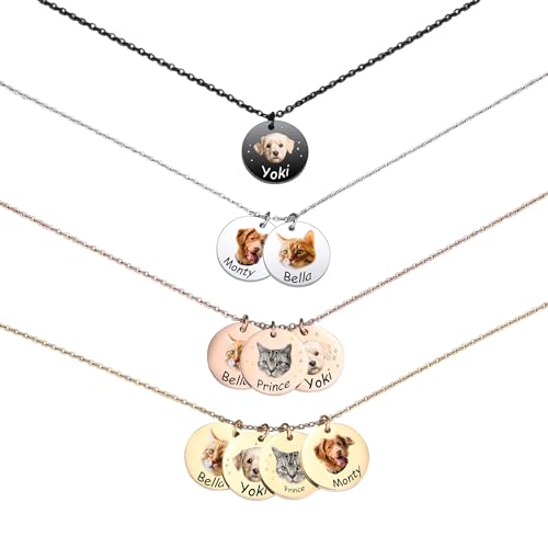 MeMeDIY Personalisierte Hund Katze Katze Haustier Halskette für Frauen Männer Graviertes Porträt Foto Name Edelstahl Anhänger Haustier Erinnerung Geschenke (C1 Roségold) von MeMeDIY
