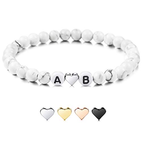 MeMeDIY Personalisierte Initial Armband Gravierte Brief Perle für Freund Freundinnen Paare Frauen Männer Benutzerdefinierte Knöchel Schwarz Natürlicher Achat Weiß Türkis mit Herz Handgefertigt von MeMeDIY