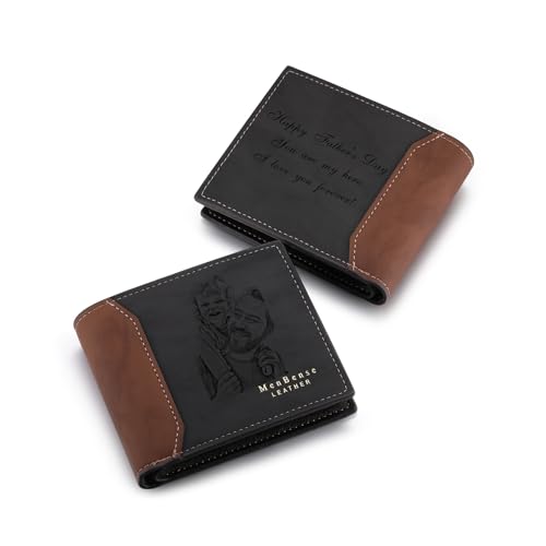 MeMeDIY Personalisierte Bifold Leder Brieftaschen für Männer Individuell Foto/Text Herren Geldbörsen Personalisierte Skizzenbild-Geldbörse Geschenke für Männer Freund Vater (B3-2 Texte, Schwarz) von MeMeDIY