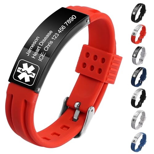 MeMeDIY Personalisierte Medizinische Alarm Armbänder für Frauen/Männer Verstellbare Silikon Wasserdichtes Armband/Armbänder aus Edelstahl mit Eingraviertem Medizinische ID Alert Info Style-A8 von MeMeDIY