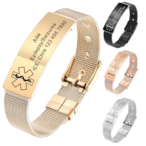 MeMeDIY Personalisierte Medizinische Alarm Armbänder für Frauen/Männer Verstellbare Silikon Wasserdichtes Armband/Armbänder aus Edelstahl mit Eingraviertem Medizinische ID Alert Info Style-D3 von MeMeDIY