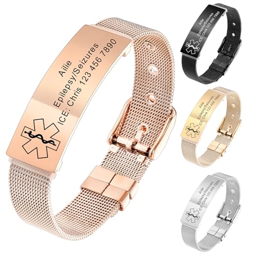 MeMeDIY Personalisierte Medizinische Alarm Armbänder für Frauen/Männer Verstellbare Silikon Wasserdichtes Armband/Armbänder aus Edelstahl mit Eingraviertem Medizinische ID Alert Info Style-D4 von MeMeDIY