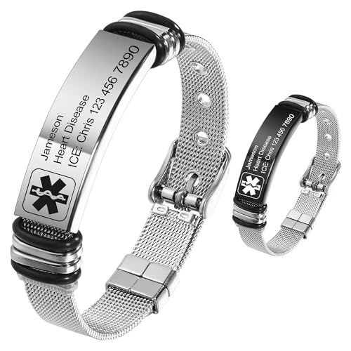 MeMeDIY Personalisierte Medizinische Alarm Armbänder für Frauen/Männer Verstellbare Silikon Wasserdichtes Armband/Armbänder aus Edelstahl mit Eingraviertem Medizinische ID Alert Info Style-E1 von MeMeDIY