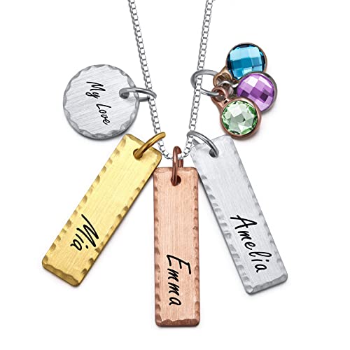 MeMeDIY Personalisierte Namen Bar Halskette 925 Sterling Silber Custom Text Anhänger für Mama/Enkelin/Frauen Handgemachter Gehämmerter Rand Schmuck(F2: 3 Tags Kastenkette mit Rundem Tag) von MeMeDIY