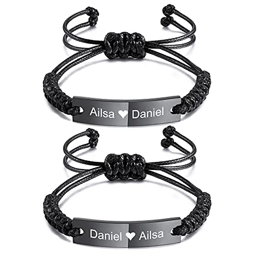 MeMeDIY Personalisierte Paar Armbänder Graviert Name Datum Identifikation Passende für Frauen Männer Knöchel Edelstahl Tag mit verstellbaren Seilkette handgefertigten Schmuck Liebhaber Geschenke von MeMeDIY