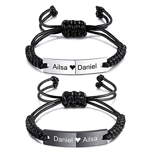 MeMeDIY Personalisierte Paar Armbänder Graviert Name Datum Identifikation Passende für Frauen Männer Knöchel Edelstahl Tag mit verstellbaren Seilkette handgefertigten Schmuck Liebhaber Geschenke von MeMeDIY