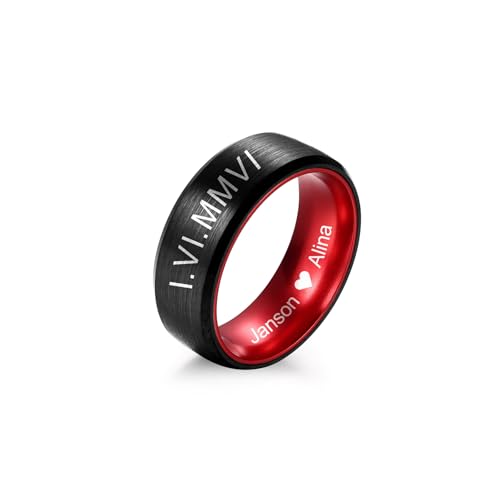 MeMeDIY Personalisierte Ringe für Männer Wolframcarbid 6mm 8mm Ehering mit Eingraviertem Namen/Datum Verlobungsring für Paare Schwarzer Ring mit Blaue/Rote Beschichtung Fashion Schmuck (C-6) von MeMeDIY