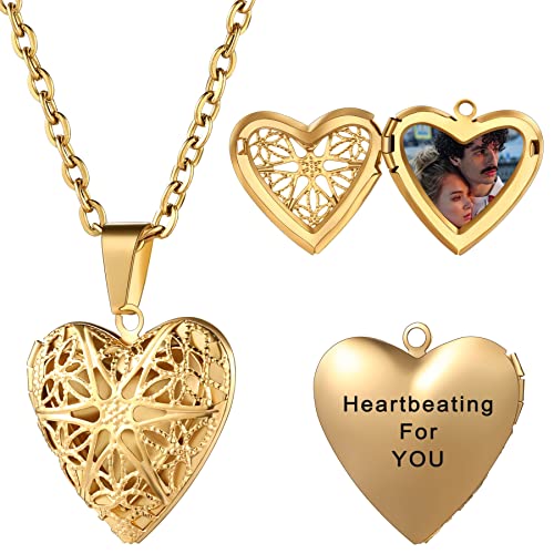 MeMeDIY Personalisierte Schmuckketten für Frauen kette mit Gravur Herzmedaillon mit Foto Namenskette für Mütter, Edelstahl, Gold Hohl 50 cm Chain von MeMeDIY