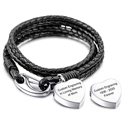 MeMeDIY Personalisierte Urne Armband Gravur Fotoname für Frauen Mädchen Männer Echte Lederkette Edelstahl Anhänger Hund Katze Haustier Mensch Asche Halter Memorial Cremation Andenken Trichter Kit von MeMeDIY