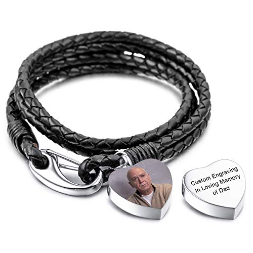 MeMeDIY Personalisierte Urne Armband Gravur Fotoname für Frauen Mädchen Männer Echte Lederkette Edelstahl Anhänger Hund Katze Haustier Mensch Asche Halter Memorial Cremation Andenken Trichter Kit von MeMeDIY