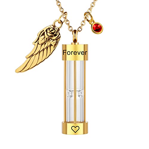 MeMeDIY Personalisierte Urne Herren Halskette für Asche Edelstahl Sanduhr Memorial Anhänger mit Engelsflügel Geburtsstein Anhänger Andenken-Gold von MeMeDIY