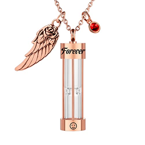 MeMeDIY Personalisierte Urne Herren Halskette für Asche Edelstahl Sanduhr Memorial Anhänger mit Engelsflügel Geburtsstein Anhänger Andenken-Roségold von MeMeDIY