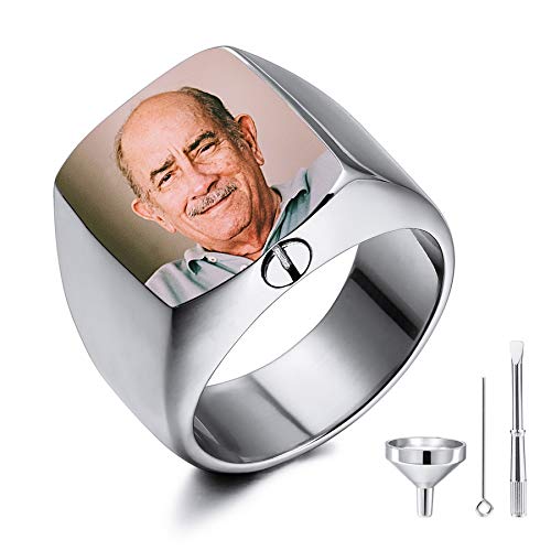 MeMeDIY Personalisierte Urne Ring Siegelring für Frauen Männer Haustier Gravur Farbe Bild Gedenktaschenhalter aus Edelstahl Souvenir mit Trichterbausatz Ringgrößeneinsteller (Sliber Größe 60) von MeMeDIY