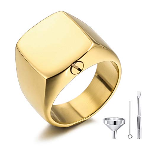 MeMeDIY Personalisierte Urne Ring Siegelring für Frauen Männer Haustier Gravur Gedenktaschenhalter aus Edelstahl Souvenir mit Trichterbausatz Ringgrößeneinsteller (Gold Größe 57) von MeMeDIY