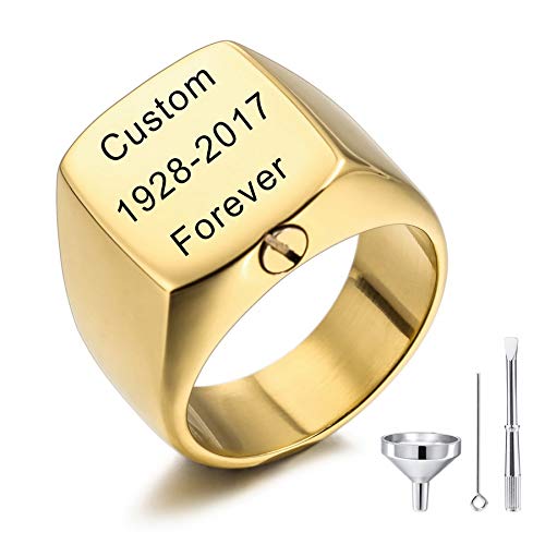 MeMeDIY Personalisierte Urne Ring Siegelring für Frauen Männer Haustier Gravur Name/Text Gedenktaschenhalter aus Edelstahl Souvenir mit Trichterbausatz Ringgrößeneinsteller (Gold Größe 62) von MeMeDIY