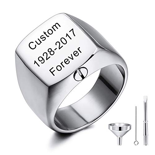 MeMeDIY Personalisierte Urne Ring Siegelring für Frauen Männer Haustier Gravur Name/Text Gedenktaschenhalter aus Edelstahl Souvenir mit Trichterbausatz Ringgrößeneinsteller (Sliber Größe 57) von MeMeDIY