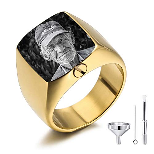 MeMeDIY Personalisierte Urne Ring Siegelring für Frauen Männer Haustier Gravur Schwarz & Weiß Bild Gedenktaschenhalter aus Edelstahl Souvenir mit Trichterbausatz Ringgrößeneinsteller (Gold Größe 62) von MeMeDIY