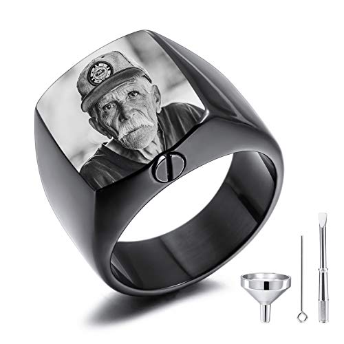 MeMeDIY Personalisierte Urne Ring Siegelring für Männer Haustier Gravur Schwarz & Weiß Bild Gedenktaschenhalter aus Edelstahl Souvenir mit Trichterbausatz Ringgrößeneinsteller (Schwarz Größe 62) von MeMeDIY