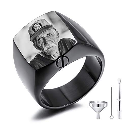 MeMeDIY Personalisierte Urne Ring Siegelring für Männer Haustier Gravur Schwarz & Weiß Bild Gedenktaschenhalter aus Edelstahl Souvenir mit Trichterbausatz Ringgrößeneinsteller (Schwarz Größe 65) von MeMeDIY