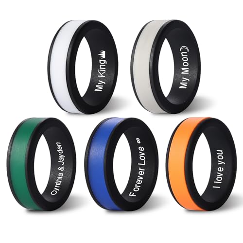 MeMeDIY Personalisierter Silikonring für Männer/Frauen Eingravierter Name/Symbol/Datum/Text Silikon-Paarringe Benutzerdefinierte Gummi-Eheringringe 5,7 mm/8 mm Breite -F von MeMeDIY