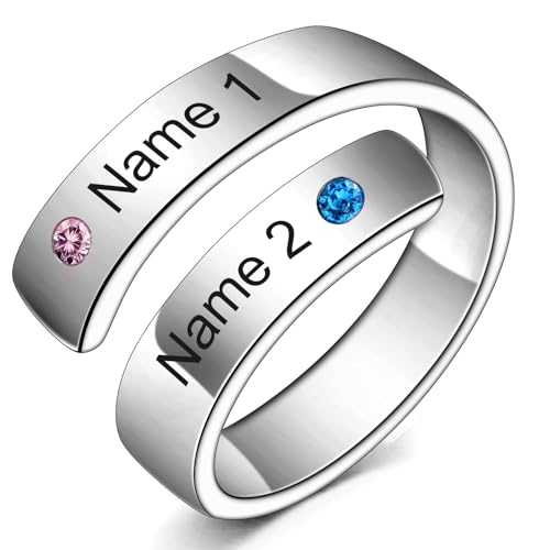 MeMeDIY Personalisierte Verlobungsringe 925 Sterling Silber Spiralförmiger Wickelring Namensring Geburtsstein Ring mit für Frauen Ehering Verlobungsring Öffnung Verstellbarer Ring -Silber 02 von MeMeDIY